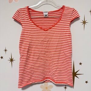 Old Navy Coral and White Striped V-Neck Tee